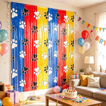 Paw Print Foil Fringe Curtains Backdrop | 2-Pack 3.3x6.6FT Dog Paw Tinsel Backdrop, Pet Streamer Birthday, Puppy Party, Baby Shower, Pet Party & Family Celebration - color: Red Blue Yellow