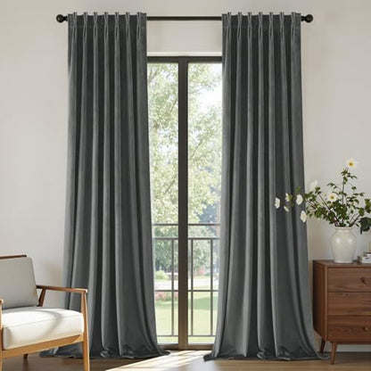 Joydeco Pinch Pleated Velvet Curtains 84 Inch Long 2 Panel Set for Living Room Bedroom, Back Tab Blackout Drapes with Adjustable Hooks (40”W x84”L,Grey) - color: Grey, size: 40"W x 84"L (Pack of 2)