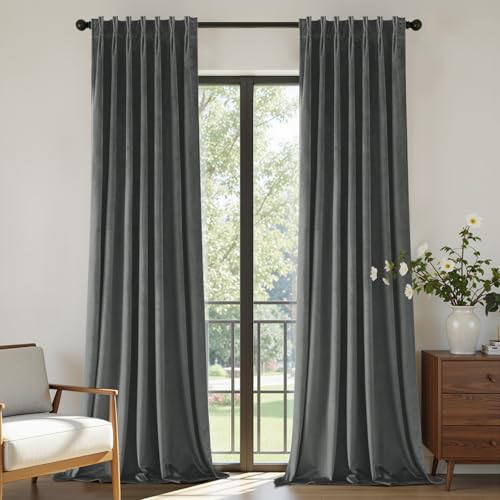 Joydeco Pinch Pleated Velvet Curtains 96 Inch Long 2 Panel Set,Grey Velvet Curtains for Bedroom Living Room, Thermal Insulated Back Tab Blackout Luxury Drapes with Adjustable Hooks (40”W x96”L,Grey) - color: Grey, size: 40"W x 96"L (Pack of 2)