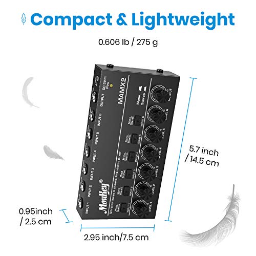 Moukey Audio Mixer, DC 5V, 6 Stereo Ultra, Low Noise 6 Channel Line Mixer for Sub-Mixing, for Small Clubs or Bars, As Guitars, Bass, Keyboards Mixer, MAMX2 - size: Medium (6-channel)