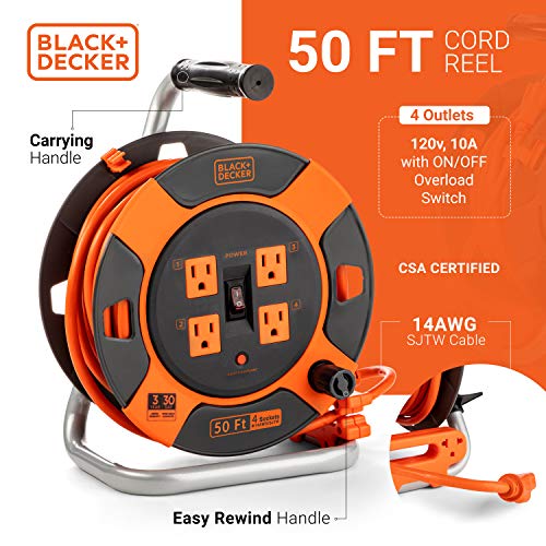 BLACK+DECKER 50 Ft. Retractable Extension Cord Reel, 4 Outlets | 14 AWG SJTW cable, easy handle rewind, multi-plug design, heavy-duty build - size: 50-Feet