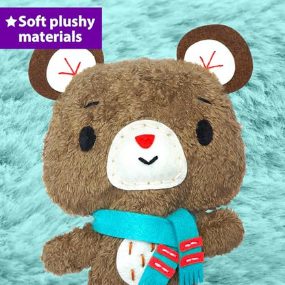 KRAFUN Teddy, Raccoon & Owl Sewing Kit for Kids Ages 7-12 | Sew 3 stuffed animals: Teddy, Raccoon & Owl. Instructions & plush felt included. Beginner learn-to-sew craft gift - color: Teddy & Friends