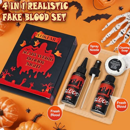 3PCS Halloween Fake Blood Makeup Kit, Fake-Blood Spray 50ML + Dripping Blood 50ML + Cleansing Soap, Fake-Blood Washable for Clothes Face Zombie Monster Vampire Cosplay SFX Makeup (Fresh + Fresh) - color: Fresh + Fresh (3PCS Kit)