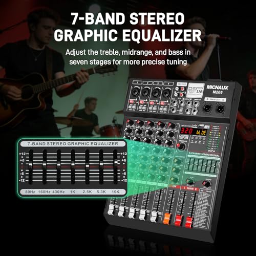 Audio Mixer 6 Channel Professional Sound Console Music Mixer with 320 DSP Effects, 7-band EQ DJ Mixing Board w/USB, Bluetooth, 48V Power Supply, PAD Button for Recording Karaoke PA Drum Live - size: 6 Channel - 10.8in