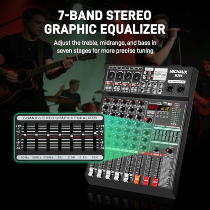 Audio Mixer 6 Channel Professional Sound Console Music Mixer with 320 DSP Effects, 7-band EQ DJ Mixing Board w/USB, Bluetooth, 48V Power Supply, PAD Button for Recording Karaoke PA Drum Live - size: 6 Channel - 10.8in