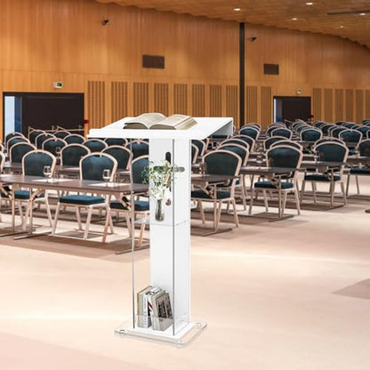 45.3" Acrylic Podium Lectern with Double Shelves, Modern Plexiglass Clear Church Pulpit with Cross Design - Ideal for Classroom, Conference, Wedding, and More