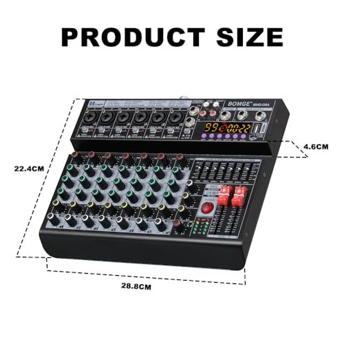 BOMGE Professional 8 Channel DJ Audio Mixer, Sound Mixer with 99 DSP Effects/7-band EQ/USB Drive/Bluetooth/Compute/48V Phantom for PC Recording Karaoke Studio Streaming