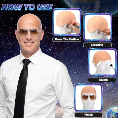 Mepase 6 Pcs Halloween Bald Cap with Glasses Bald Head Wig Cap Party Costume Accessories for Adults Women Men Cosplay - color: Wrinkle, style: Retro