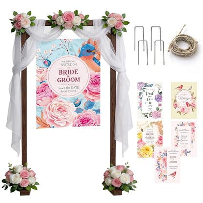 Wedding Welcome Sign Stand, Adjustable Wooden Sign Holder Stand, Heavy Duty Wood Easel with Poster Design Templates & Ground Stakes for Wedding, Bridal Baby Shower, Birthday Party
