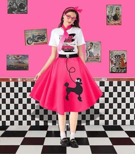 1950s Poodle Skirt Outfit Women 50s Sock Hop Costume T Shirt Accessories - color: Hot Pink-sockhop, size: Small