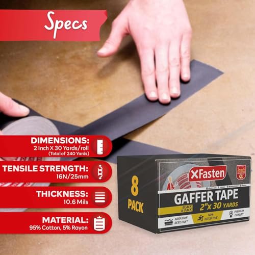 XFasten Black Gaffers Tape 2 Inch x 30 Yards Bulk - 8-Pack (720ft), Residue-Free Matte Black Gaffer Tape 2 Inch Non-Reflective Easy-to-Tear Floor Tape for Electrical Cords