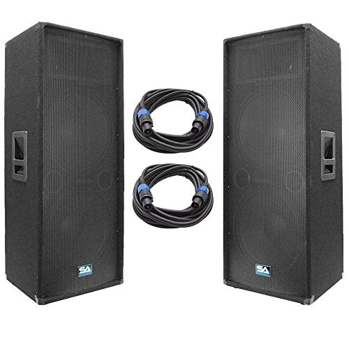 Seismic Audio - SA-155T-PKG21 - Pair of Dual15 PA/DJ Speakers with Two 25' Speaker Cables - Dual 15 Inch PA Speakers and Cables Bundle
