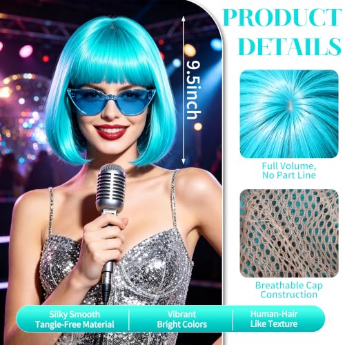 Short Bob Straight Hair Wigs with Bangs, Synthetic Fiber Colorful Hair, Cat Eye Glasses for Women (Sky Blue) - color: Sky Blue