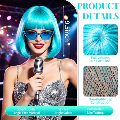 Short Bob Straight Hair Wigs with Bangs, Synthetic Fiber Colorful Hair, Cat Eye Glasses for Women (Sky Blue) - color: Sky Blue