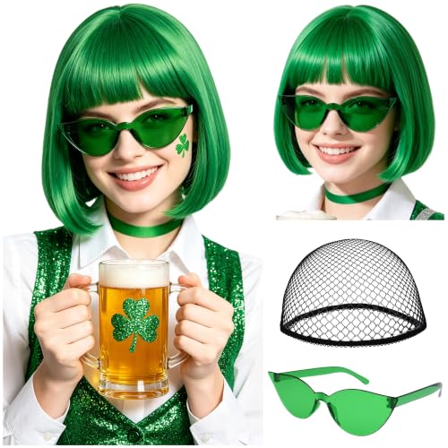 Short Bob Straight Hair Wigs with Bangs, Heat Resistant Fiber Hair, Cat Eye Glasses for Women (Green) - color: Green