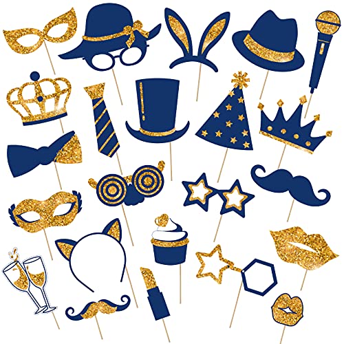 Zonon 24 Pcs Photo Booth Props Set Black Gold Birthday,Gold and Navy Blue | Props on Sticks for Wedding, Reunion, Prom, Includes Mustache, Hats, Glasses, Ties, Lips, Crowns, Fun Party Accessories - color: Gold and Navy Blue