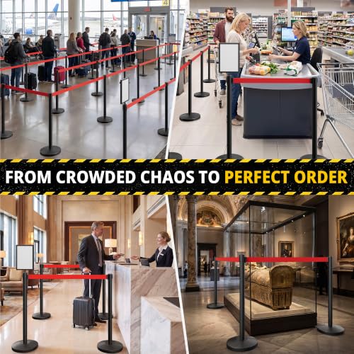 4-Pack Black Stainless Steel Crowd Control Stanchions, 9.8 ft Retractable Red Safety Belts with 1 Sign Holder(Red Belt) - color: Black stanchions w Red Belt, size: 4 pcs