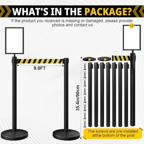8-Pack Black Stainless Steel Crowd Control Stanchions, 9.8 ft Retractable Black and Yellow Stripe Safety Belts with 2 Sign Holders(Black and Yellow Stripe Belt) - color: Black stanchions w Black and Yellow Stripe Belt, size: 8 pcs