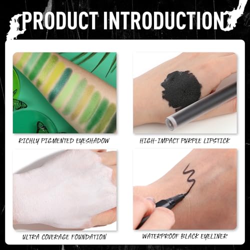UCANBE Halloween Makeup Kit – 15-Color Green Eyeshadow Palette, White Liquid Foundation, Black Liquid Lipstick & Eyeliner, Setting Powder & Sponges Makeup Set for SFX Cosplay Costume Witch Monster - color: Green Makeup Kit