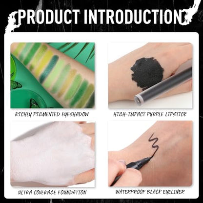 UCANBE Halloween Makeup Kit – 15-Color Green Eyeshadow Palette, White Liquid Foundation, Black Liquid Lipstick & Eyeliner, Setting Powder & Sponges Makeup Set for SFX Cosplay Costume Witch Monster - color: Green Makeup Kit