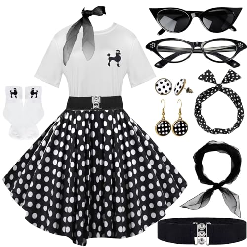 1950s Poodle Skirt Outfit Women 50s Sock Hop Costume T Shirt Accessories - color: Black-white-dot, size: X-Large