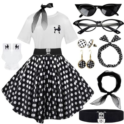 1950s Poodle Skirt Outfit Women 50s Sock Hop Costume T Shirt Accessories - color: Black-white-dot, size: Large