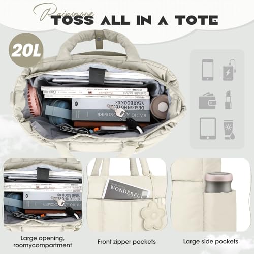 RAINSMORE Laptop Tote Bag for Women Puffer Work Bag Quilted Travel Bags - color: Beige