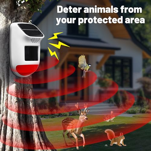 Solar Motion Sensor Alarm - 120dB IP65 Waterproof Security Siren with Remote & Strobe Light, 3 Modes for Yard/Farm/Home, 5-8m Pet-Friendly Detection (Animal Sound (Or You can add Your own Voice)) - style: Animal Sound (Or you can add your own voice)