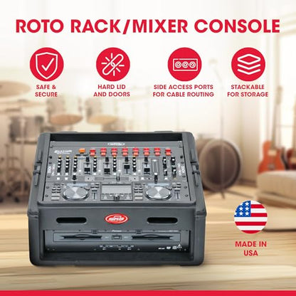 SKB Roto Rack/Mixer Console, 10U Slanted Rackmount on top, 2U Rackmount in Front with Steel Threaded Rails, Hard Lid and Doors and Side Access Ports - size: 1SKB-R102