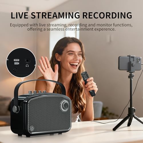 120W Peak Powerful Voice Amplifier with 2 UHF Microphones, Bluetooth Speakers with Bass/Trable/Echo Adjustment, Small PA Speaker System, Karaoke Machine for Adults, Teachers, Public Speaking, Events - color: Black