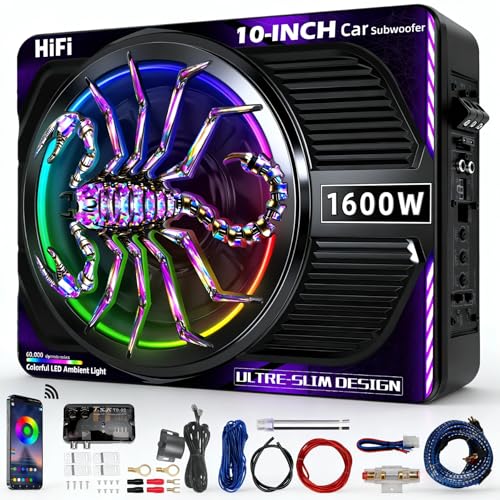 2026 Upgraded 1600W 10" Slim Under Seat Subwoofers with Amp & LED Ambient Lights for Truck/Car - Deep Bass, Individual Controls (LPF/Gain/Bass Boost), High Output Distortion-Free Audio - color: Purple