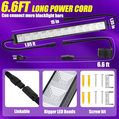 45W*6 Linkable Black Light Bar LED Blacklight with 6.6ft Cord, Glow in The Dark Each Light Up 28x28ft for Neon Party, Body Paint, Fluorescent Poster, Birthday, Halloween, Bedroom - style: 6 Pack