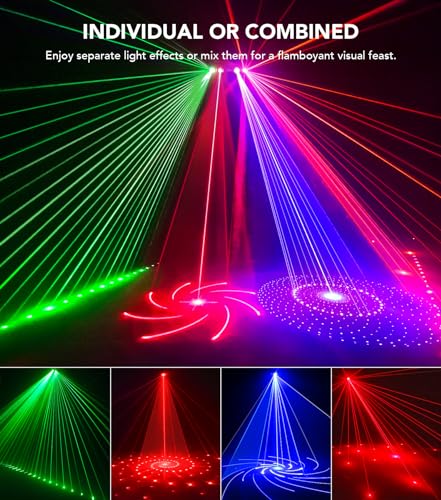KeoBin DJ Lights for Parties, Pro 6 in 1 DMX & Sound Activated Laser Light Show Machine with Disco Ball Light, RGBW & UV Strobe Party Lights Indoor for Rave Club Dance Bar Gig DJ Lighting | Disco Ball Lights, Wide Laser Beams, RGBW+UV Strobes, DMX512, Rem