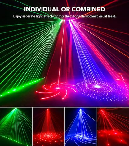 KeoBin DJ Lights for Parties, Pro 6 in 1 DMX & Sound Activated Laser Light Show Machine with Disco Ball Light, RGBW & UV Strobe Party Lights Indoor for Rave Club Dance Bar Gig DJ Lighting | Disco Ball Lights, Wide Laser Beams, RGBW+UV Strobes, DMX512, Rem