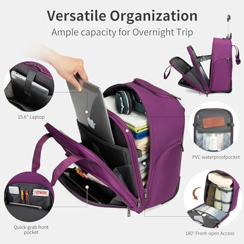 Underseat Carry on Luggage with Wheels,16-inch Airline Approved Personal Item Stylish Softside Underseater Suitcases with Wet/Dry Pockets,Overnight Rolling Carry-on Bag for Short Trip, Purple - color: Purple