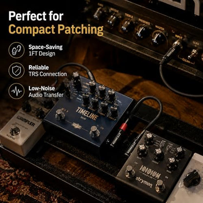 1/4 Inch TRS Balanced Cable 1 Foot (2-Pack) Male to Male - 20AWG OFC Professional Audio Patch Cable with 24K Gold-Plated Connectors for Studio Monitor, Audio Interface, DJ Mixer, Amplifier