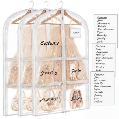 Nuenen 3 Pack Dance Garment Bags for Costumes Clear Dance Recital Organizer with Pockets & Labels, 40 Inch PVC Hanging Costume Bag for Competition Travel, Garment Bag with Compartments(White) - color: White