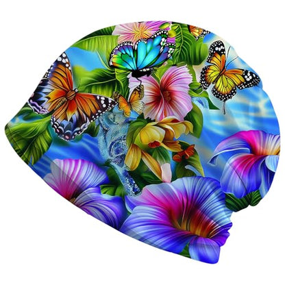 Art Owl Women's Slouchy Beanie Hat Cute Turban Hats Cancer Headwear Caps Baggy Skull Sleep Scarf - color: Colorful Flowers Butterflies