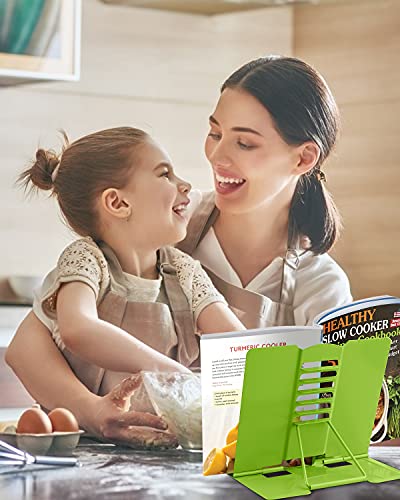 MSDADA Book Stand Metal Reading Rest Book Holder Adjustable Cookbook Documents Holder Portable Sturdy Bookstands for Recipes Textbooks Tablet Music Books with Page Clips (Green) - color: Green