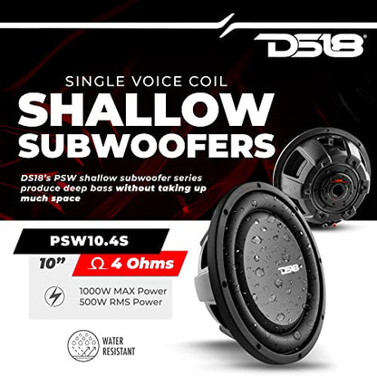 DS18 PSW10.4S 10" Shallow Mount Subwoofer 1000 Watts Max Power 500 Watts RMS Single Voice Coil 4 OHMS Water Resistant - Best Sub for Tight Spaces in Car & Trucks - 1 Speaker - style: 10" Single Voice Coil 4 Ohm
