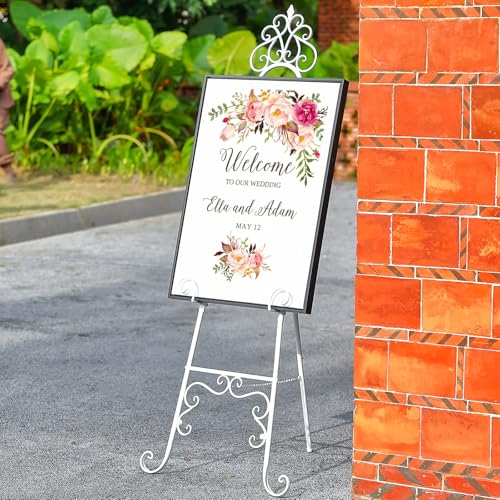 59" H Metal White Large Adjustable Easel Stand for Wedding Sign | Metal Free Standing Scroll Display Easel for Wedding Sign Mirror Picture Poster Holder Showcasing