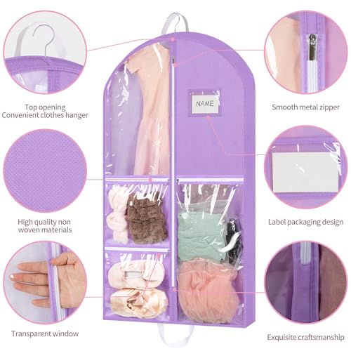 Linodes Dance Costume Bags Garment Bag 40'' for Dance Travel/Competition Storage with 4 Medium Clear Zipper Pockets and 1 Large Back Zipper Pocket-Fabric & PVC (Purple-Fabric & PVC, 40''- 6 Pack)