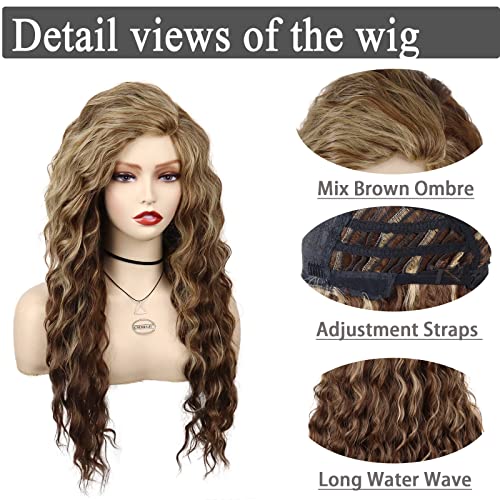 Trendy 80s Long Wavy Wigs for Women Brown Mixed Blonde Wig Ombre Color - color: Mix Brown