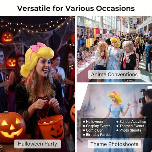 Yellow Costume Wig with Matching Bow Headband for Halloween Cosplay | Accessories Kit, for Women Costume and Themed Parties, Sythetic Fiber, Wig Cap Included