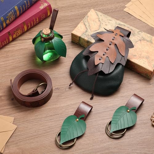 Women Renaissance Accessories Leather Belt Pouch Medieval Viking Skirt Hikes Renaissance Leaf Cosplay for Halloween - color: Bottle Set-brown Green