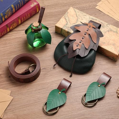 Women Renaissance Accessories Leather Belt Pouch Medieval Viking Skirt Hikes Renaissance Leaf Cosplay for Halloween - color: Bottle Set-brown Green