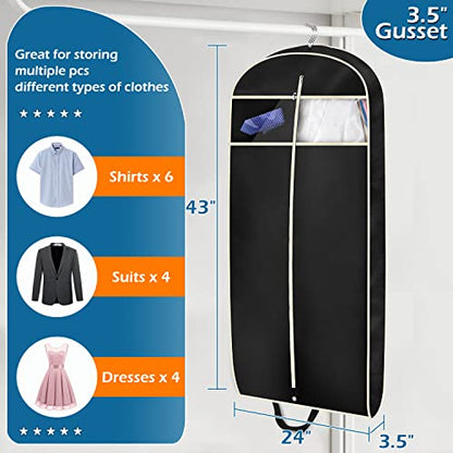 MISSLO 43" Gusseted Travel Garment Bag with Accessories Zipper Pocket Breathable Suit Garment Cover for Shirts Dresses Coats, Black - size: 43 inch