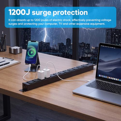 HHSOET 360° Rotating 12 Outlet Mountable Power Strip, Aluminum Alloy Long Power Strip,1200J, Heavy Duty Wall Mount Surge Protector with Switch, 3ft Power Cord - size: 3FT