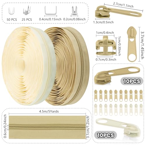DOITEM Zipper by the Yard 10 Yards Bulk Zipper - (#5) Zippers, Nylon Coil Zippers with 20PCS Sliders for DIY Sewing Bags(Beige and Cream) - color: Beige and Cream
