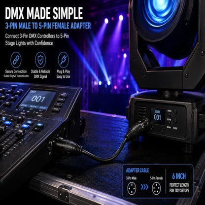 DMX 3 Pin to 5 Pin Adapter 2-Pack, 6-Inch XLR Signal Converter Male to Female DMX512 Turnaround Adapter, Zero Signal Loss for Stage Lighting, Moving Heads, LED Par, Church, Nightclub Lighting Rig